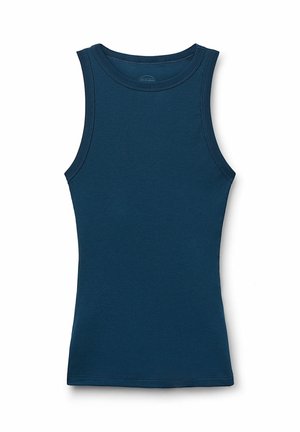 Navyblaue gerippte Tanktop mit rundem Halsausschnitt und ärmellosem Design. Verfügt über eine enganliegende Form und flache Nähte.