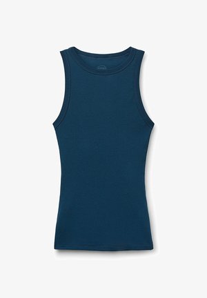 Tmavě modrý žebrovaný top s kulatým výstřihem a bezrukávovým designem. Vyznačuje se přiléhavým střihem a plochými švy po celém obvodu.