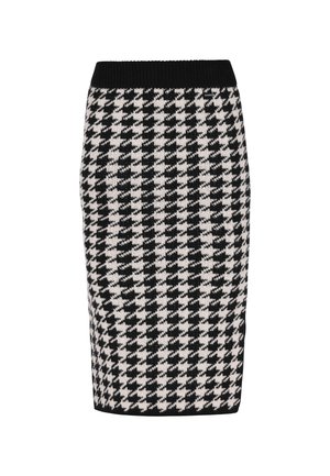 Knit pencil skirt featuring a black and white houndstooth pattern, elasticized waistband, and a fitted silhouette.