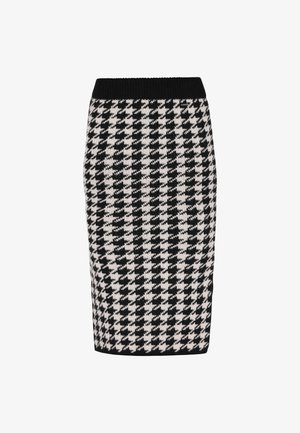 Pletená tužková sukně s černobílým kostkovaným vzorem, elastickým pasem a vypasovaným střihem.