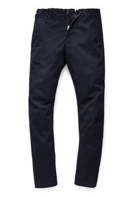 Pantalon bleu marine à coupe droite avec fermeture par bouton et zip, passants de ceinture et poches latérales, présenté à plat sur fond blanc.