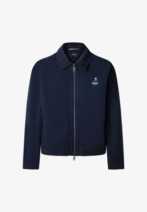 Giacca navy con colletto, zip frontale completa e dettaglio del logo ricamato. Realizzata in tessuto liscio con una vestibilità classica e strutturata.