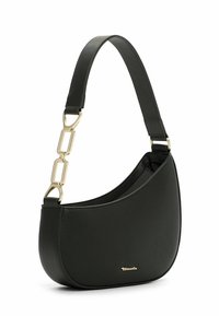 Schwarze Leder-Schultertasche mit geschwungener Form, ausgestattet mit einer goldfarbenen Kettenakzent und glatter Textur. Kleines Logo auf der Vorderseite sichtbar.