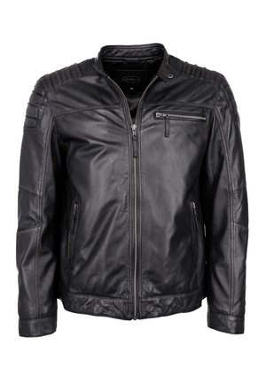 Herren schwarze Lederjacke mit Reißverschluss, gerippten Schulterakzenten und Reißverschlusstaschen; glatte Textur und strukturiertes Design.