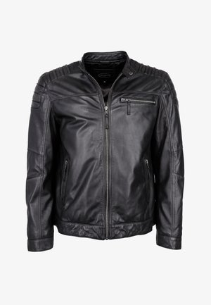 Zwarte leren herenjack met een ritsluiting, geribbelde schouderaccenten en ritszakken; gladde textuur en gestructureerd ontwerp.