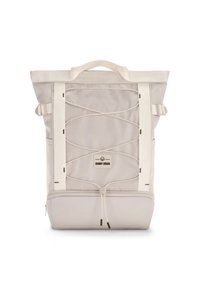 Světle šedý batoh s texturovaným síťovaným předním panelem, nastavitelnými šňůrkami, horními úchyty a hladkým, strukturovaným spodním oddílem.