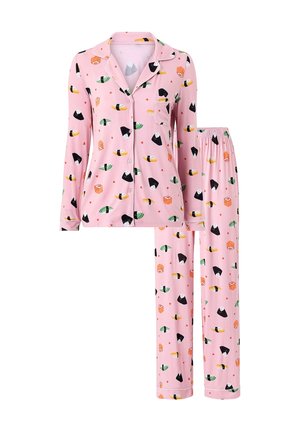 Rosa langärmiges Pyjama-Set mit Knöpfen, bedruckt mit Sushi- und kleinen Herzmustern, inklusive einer Brusttasche und Hosen mit elastischem Bund.