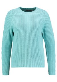 Pull tricoté bleu clair avec texture côtelée, encolure ronde et détails en torsade sur les manches. Manches longues et coupe ajustée aux hanches.