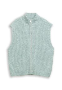 Gilet sans manches bleu clair avec une texture côtelée, col montant et fermeture éclaire à l'avant. Le tissu semble doux et confortable.