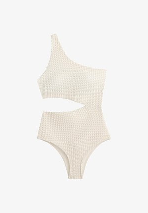 Maillot de bain blanc texturé à une épaule avec une découpe frontale à la taille et des ouvertures de jambe hautes.