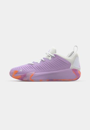 Purple athletic shoe with a textured mesh upper, white accents, and a rubber sole featuring orange highlights and geometric patterns.