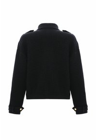 Veste noire texturée à manches longues avec col montant, pattes d'épaule et poignets boutonnés, vue de dos.
