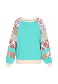 Felpa turchese con maniche raglan decorate in beige, rosa e grigio, caratterizzata da disegni a quadri e paisley, con polsini e orlo a coste.
