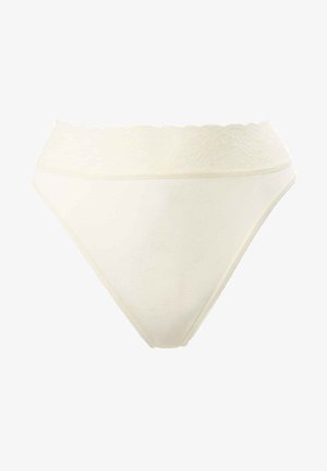 Crème-kleurige damesonderbroek met een kanten tailleband, gladde stof, hoog uitgesneden beenopeningen en subtiele stikdetails.