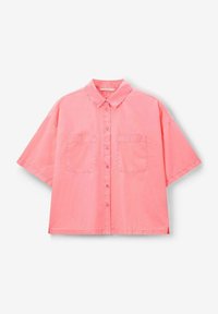 Short-sleeve, button-up shirt in bright pink cotton, featuring a classic collar and two chest pockets. Smooth texture, relaxed fit.