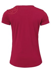 Red short-sleeve t-shirt made of cotton, featuring a rounded neckline and a logo in gold on the left shoulder. Smooth texture.
