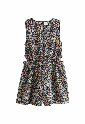 Combinaison courte sans manches à taille froncée, fond sombre et motif fleuri dans des tons jaunes, roses et verts sur l'ensemble.