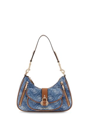 Sac bandoulière en denim avec motif matelassé, rabat avant avec fermoir "G" doré, bordure marron, deux poches zippées verticales et une seule bandoulière.