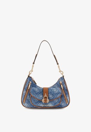 Borsa a tracolla in denim con motivo trapuntato, patta frontale con chiusura a moschettone "G" color oro, rifiniture marroni, due tasche verticali con cerniera e tracolla singola.