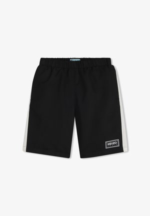 Shorts noirs avec une ceinture élastique, panneaux latéraux blancs et un patch logo KENZO à l'ourlet. Tissu lisse et léger.