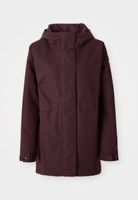 Burgunderrote wasserdichte Jacke mit Kapuze, Frontreißverschluss, zwei Seitentaschen und verstellbaren Bündchen. Glatte Textur und minimalistisches Design.