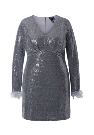 Vestito scintillante argento con maniche lunghe, scollatura a V, paillettes texturizzate e morbidi accenti di piume grigie ai polsini. Chiusura con cerniera sul retro.
