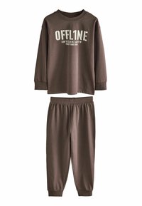 Haut en coton marron à manches longues avec impression "OFFLINE" et pantalon à taille élastique assorti, avec des manches à poignets et des chevilles fuselées.