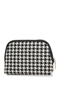 Borsetta con motivo houndstooth in bianco e nero, con parte superiore arrotondata, esterno in tessuto e dettaglio della cerniera in tonalità oro.