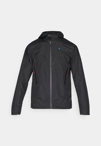 Schwarze wasserdichte Jacke mit Kapuze, Frontreißverschluss, zwei seitlichen Taschen und einem blauen Logo auf der Brust. Verfügt über strukturierten Stoff und verstellbare Manschetten.
