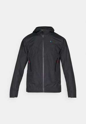 Schwarze wasserdichte Jacke mit Kapuze, Frontreißverschluss, zwei seitlichen Taschen und einem blauen Logo auf der Brust. Verfügt über strukturierten Stoff und verstellbare Manschetten.