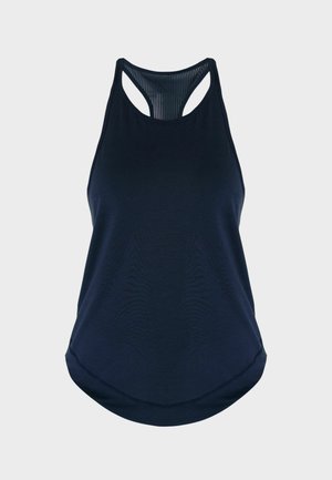 Marineblauw mouwloos sporttopje met racerback-ontwerp en subtiel verticaal mesh-detail op de bovenrug.