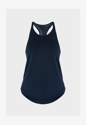 Marineblauw mouwloos sporttopje met racerback-ontwerp en subtiel verticaal mesh-detail op de bovenrug.