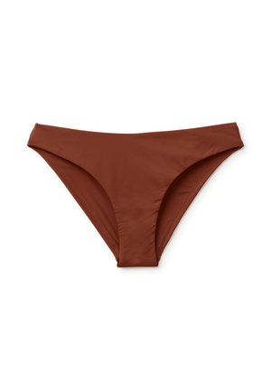 Slip bikini marroni senza cuciture con vita bassa e copertura moderata, mostrati su sfondo bianco.