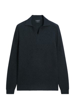 Dark navy knitted sweater with a ribbed texture, v-neckline, and long sleeves. Features a classic flat collar and straight hem.