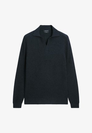 Dark navy knitted sweater with a ribbed texture, v-neckline, and long sleeves. Features a classic flat collar and straight hem.