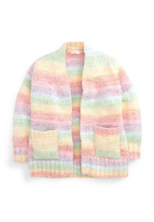 Cardigan doux en tricot avec des rayures horizontales arc-en-ciel pastel et deux poches avant, présenté à plat sur un fond blanc.