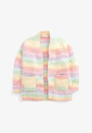 Cardigan doux en tricot avec des rayures horizontales arc-en-ciel pastel et deux poches avant, présenté à plat sur un fond blanc.