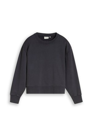 Dunkelgrauer Sweatshirt mit Rundhalsausschnitt, langen Ärmeln sowie gerippten Bündchen und Saum, flach auf weißem Hintergrund liegend.