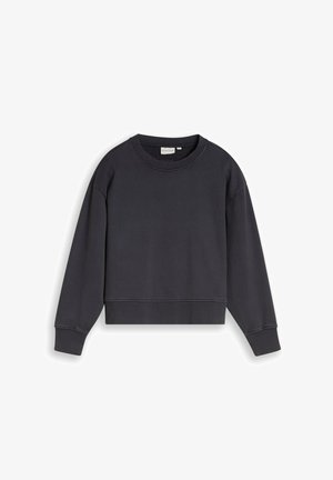 Dunkelgrauer Sweatshirt mit Rundhalsausschnitt, langen Ärmeln sowie gerippten Bündchen und Saum, flach auf weißem Hintergrund liegend.