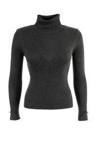 Maglione a collo alto grigio a costine; forma aderente con maniche lunghe e dettagli con polsini abbottonati. Realizzato in un tessuto a maglia testurizzata.
