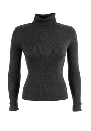 Maglione a collo alto grigio a costine; forma aderente con maniche lunghe e dettagli con polsini abbottonati. Realizzato in un tessuto a maglia testurizzata.