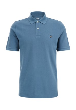 Niebieska koszulka polo wykonana z bawełny, z teksturowanym materiałem, wyposażona w trzy guziki przy rozporku oraz małym haftowanym logo ptaka na piersi.