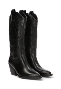 Botas de vaquero de cuero negro con puntas afiladas, tacones de altura media y costuras decorativas en el eje y la zona de los dedos.