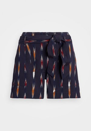 Navy shorts with a tie belt, featuring a vertical pattern in red, orange, and white. Made of lightweight fabric with pockets.