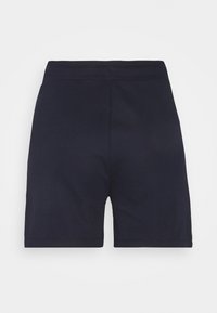 Námořnické modré sportovní šortky vyrobené z elastického materiálu, s elastickým pasem a jednoduchým designem bez kapes a ozdob.