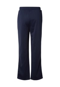 Granatowe dresy wykonane z miękkiej tkaniny, wyposażone w elastyczny pas, luźny krój i proste nogawki o gładkiej fakturze.