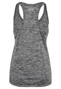 Canottiera atletica grigia con texture mélange, design a schiena scoperta e dettaglio con logo. Progettata per l'abbigliamento sportivo.