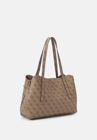 Brown patterned tote bag with dual shoulder straps, gold accents, and a structured shape. Features a spacious open top and side pockets.