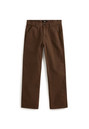 Brązowe bawełniane spodnie o prostych nogawkach, z kieszeniami z przodu i bezpiecznym zapięciem na guzik w talii. Gładka tekstura z casualowym wzornictwem.