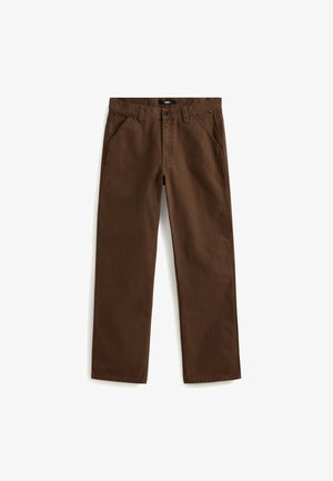 Pantalones de algodón marrón con piernas rectas, bolsillos frontales y un cierre de botón seguro en la cintura. Textura suave con un diseño casual.